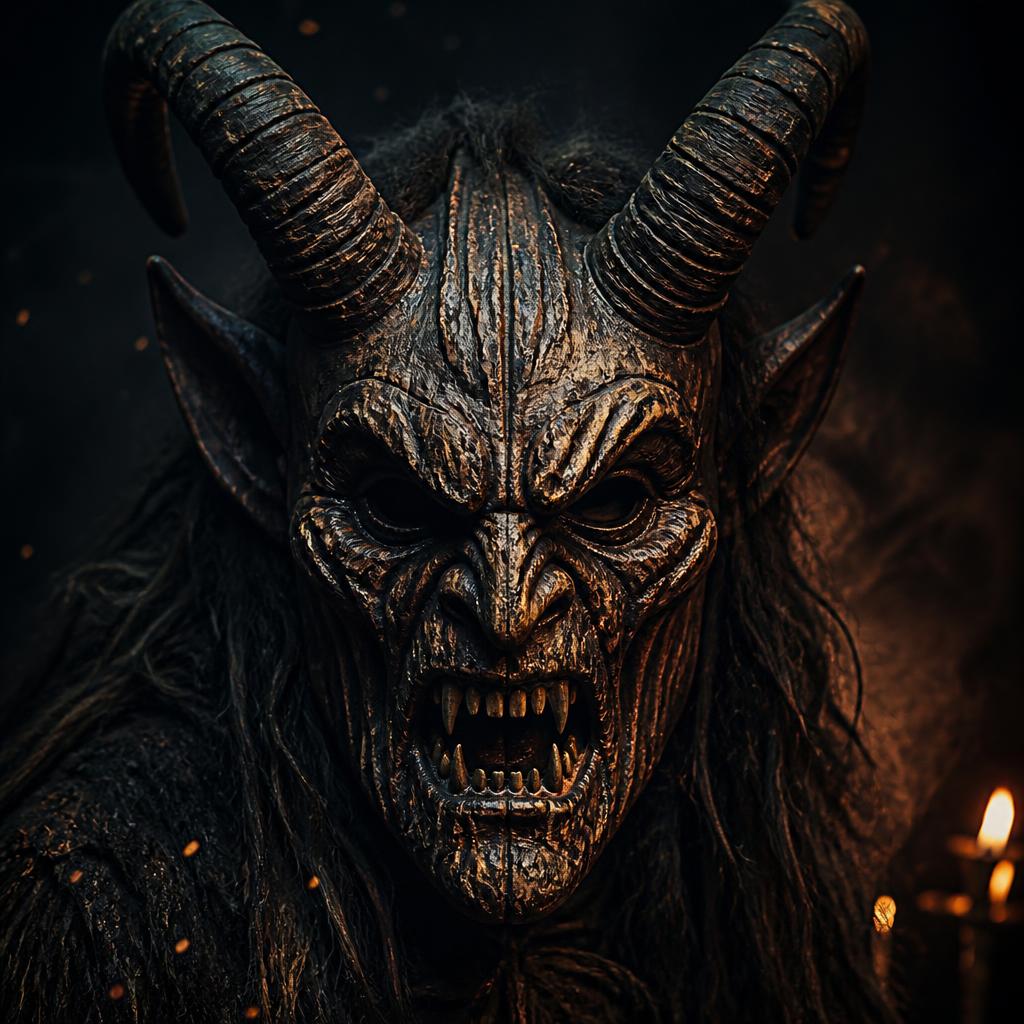 Detailaufnahme einer handgefertigten Krampusmaske mit Hörnern